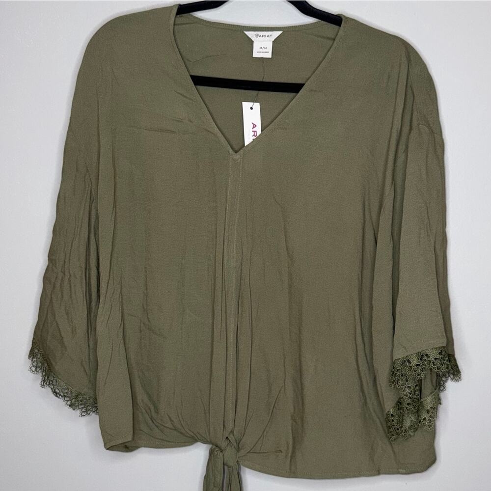 Ariat Mai Tie Womens Medium Burnt Olive Tie Front Lace Short Sleeve Blouse NWT